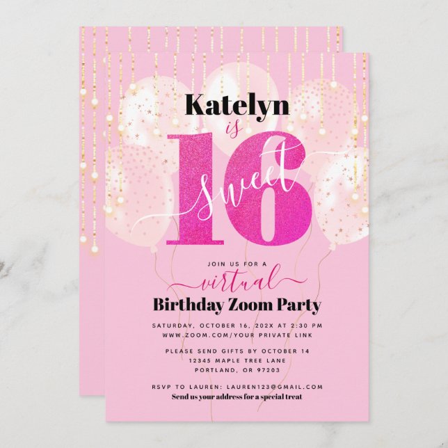 Virtual Pink Glitter Sweet 16 Birthday Balloons Invitation (Front/Back)