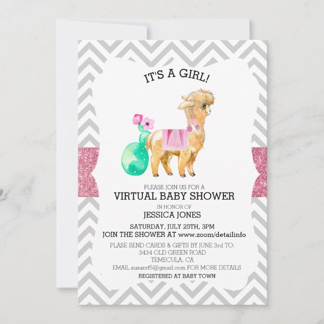 Virtual Pink Llama Chevron Glitter Baby Shower Invitation (Front)