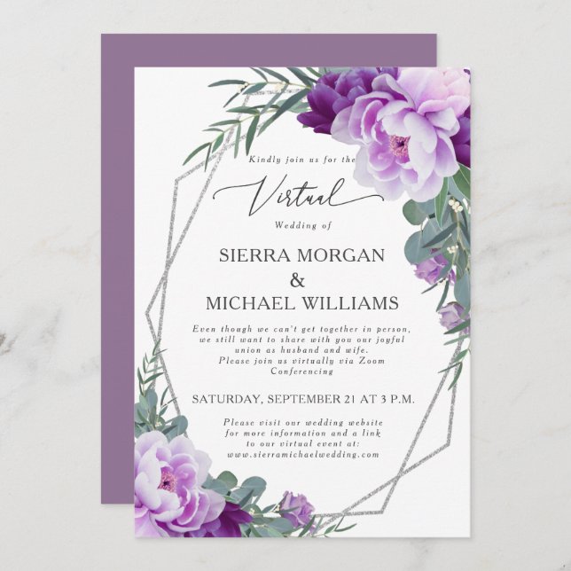 Virtual Purple & Silver Floral Eucalyptus Wedding Invitation (Front/Back)