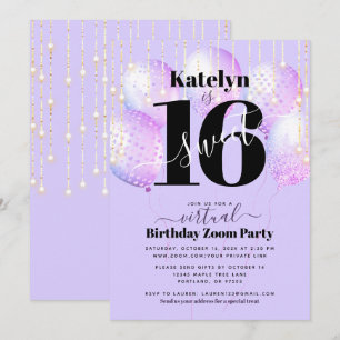Virtual Purple Sweet 16 Birthday Girly Balloons Invitation