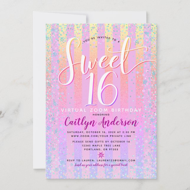 Virtual Rainbow Ombre Sweet 16 Birthday Girly Chic Invitation (Front)