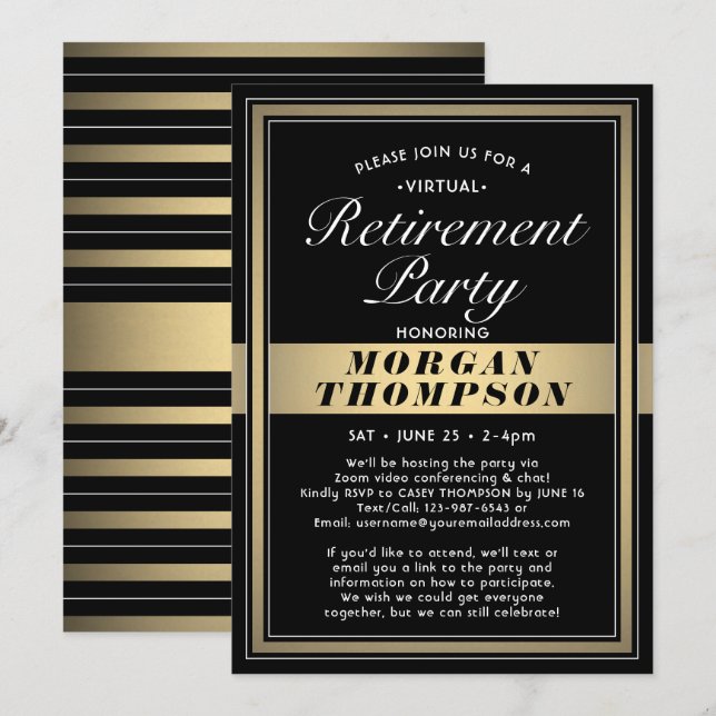Virtual Retirement Party Black White and Gold Invitation (Front/Back)