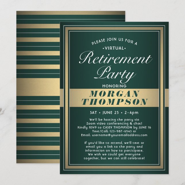 Virtual Retirement Party Green and Gold Invitation (Front/Back)