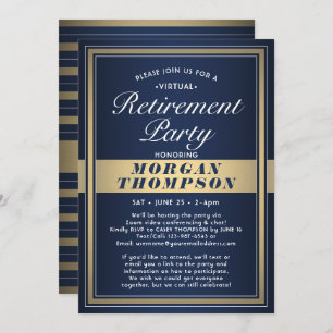 Virtual Retirement Party Navy Blue White and Gold Invitation