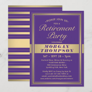 Virtual Retirement Party Purple White and Gold Invitation