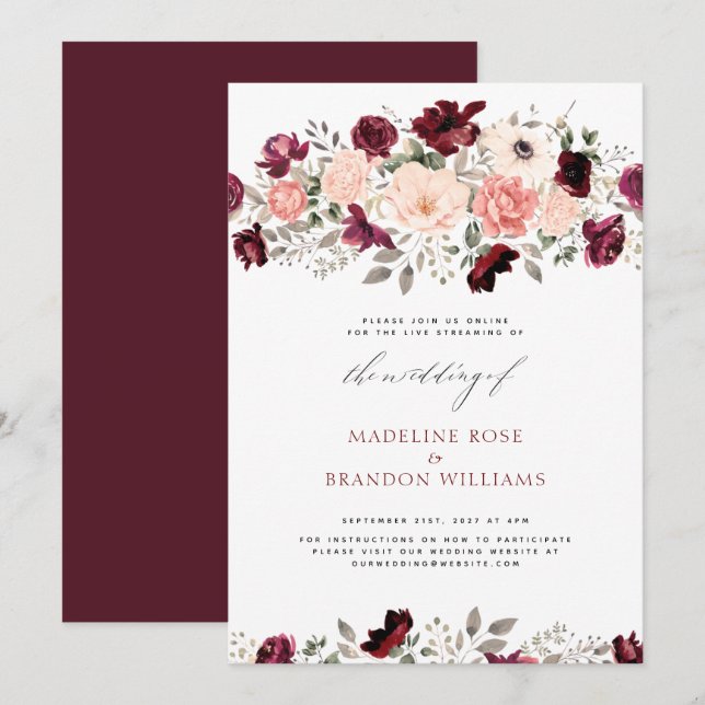 Virtual Rustic Burgundy Blush Floral Wedding Invitation (Front/Back)