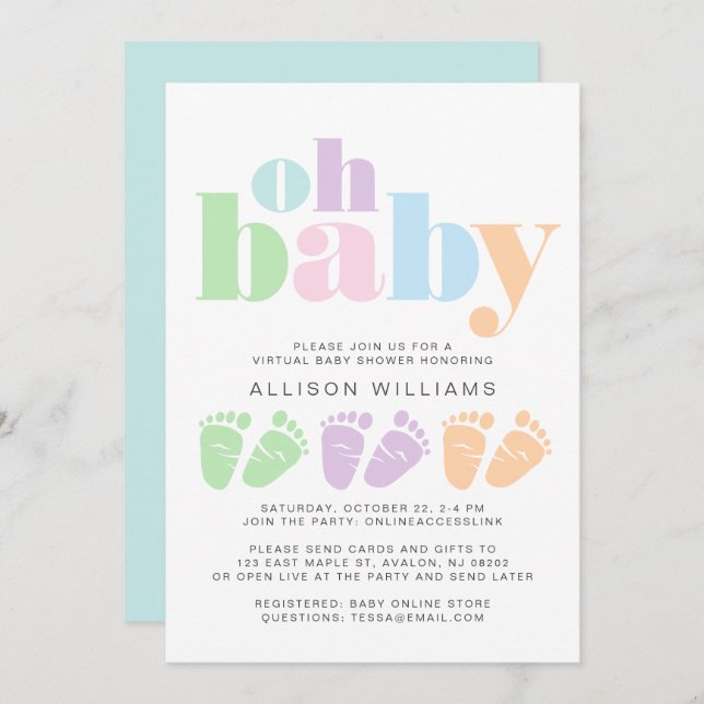 Virtual Shower Baby Feet Pastel Modern Typography Invitation (Front/Back)