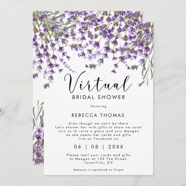 virtual shower by mail lavender bridal shower invitation (Front/Back)