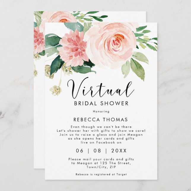 virtual shower by mail pink floral bridal shower invitation (Front/Back)