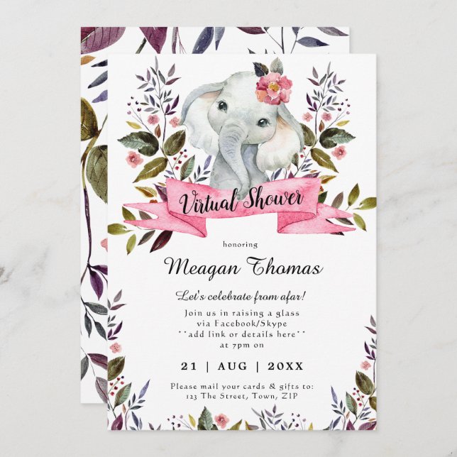 virtual shower new plans elephant pink baby shower invitation (Front/Back)
