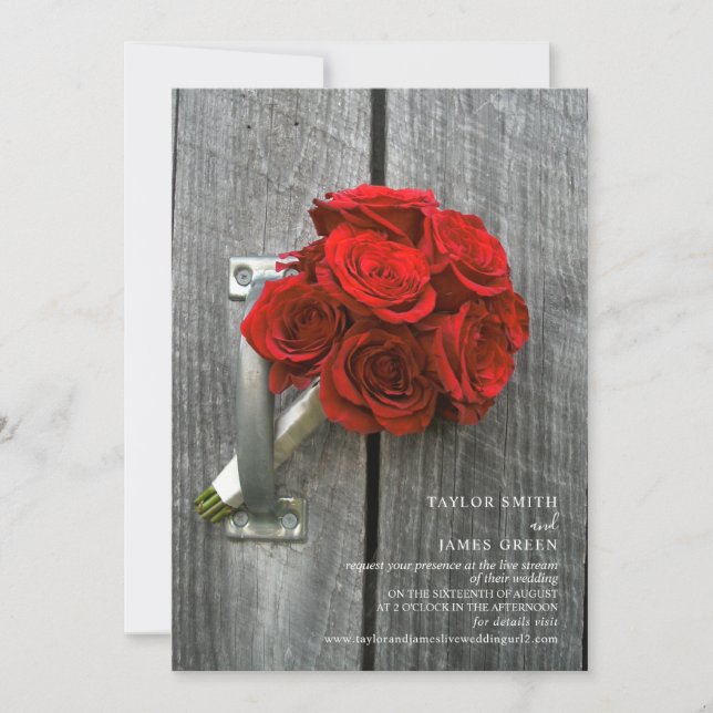 Virtual Streaming Wedding Rustic Red Rose Bouquet Invitation (Front)