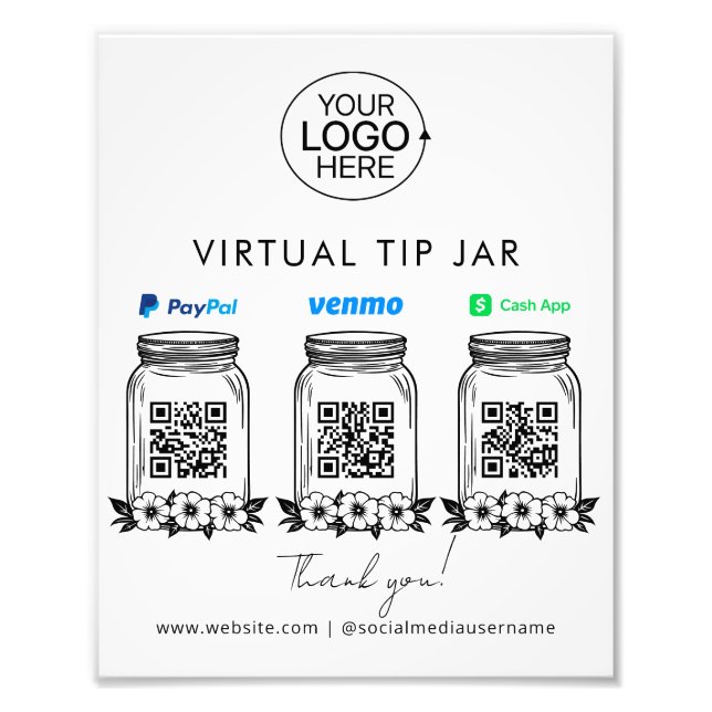 Virtual Tip Jar Logo PayPal Venmo Cash App QR Code Photo Print (Front)