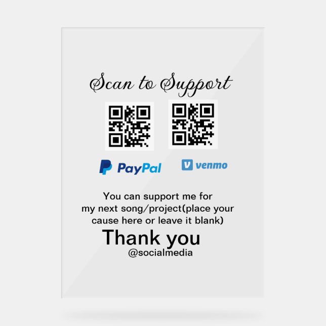 Virtual tip jar q r code money donation PayPal ven Acrylic Sign (Front)