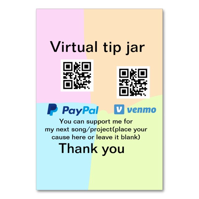 Virtual tip jar q r code money donation PayPal ven Table Number (Front)