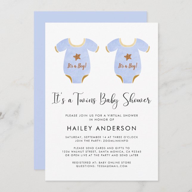 Virtual Twin Boys Watercolor Baby Shower Invitation (Front/Back)
