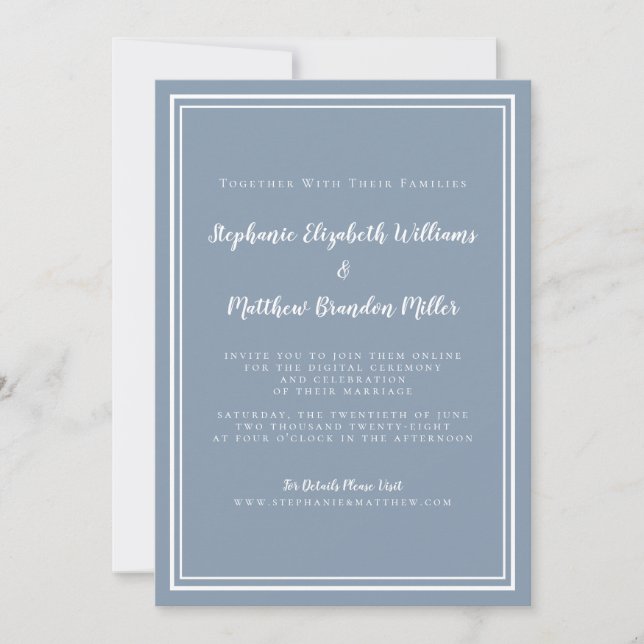 Virtual Wedding Dusty Blue Minimalist Livestream Invitation (Front)