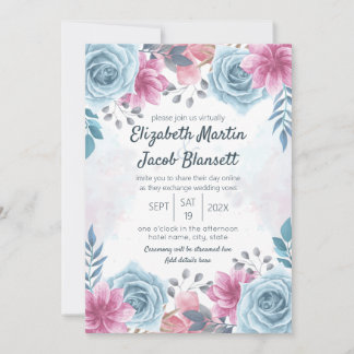 Virtual Wedding Dusty Blue Rose and Pink Floral Invitation