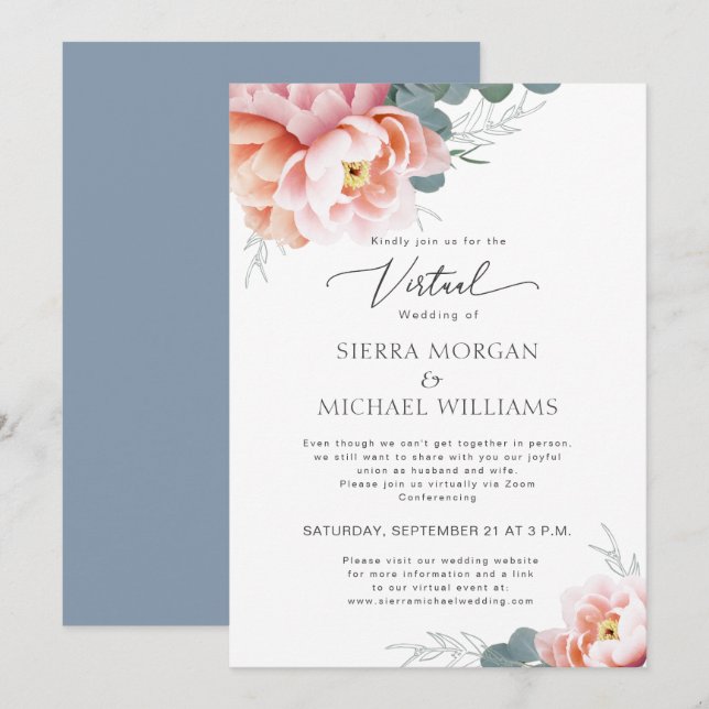 Virtual Wedding Elegant Floral Blush Dusty Blue Invitation (Front/Back)