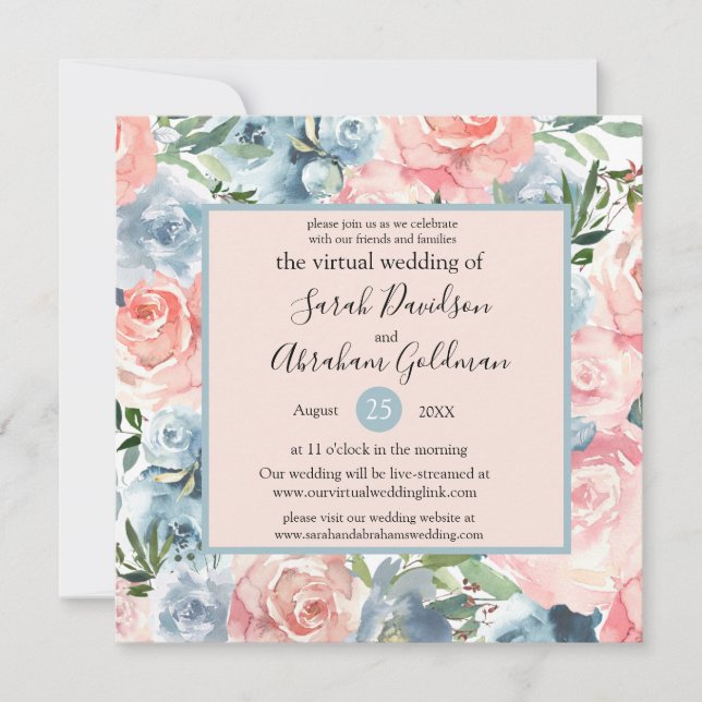 Virtual  Wedding Invitations - Pink Blue Floral (Front)