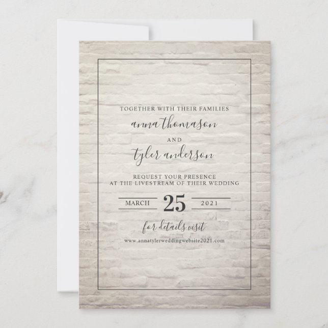 Virtual Wedding Livestream Black & White Brick Invitation (Front)