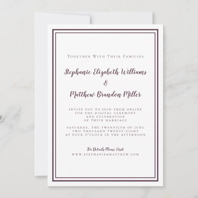 Virtual Wedding Purple & White Minimalist Online Invitation (Front)