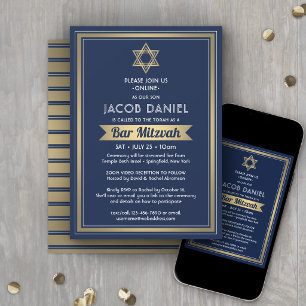 Virtual Zoom Bar Mitzvah Navy Blue White & Gold Invitation