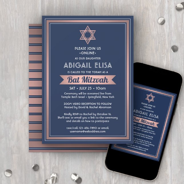 Virtual Zoom Bat Mitzvah Navy Blue Pink Rose Gold Invitation (Creator Uploaded)