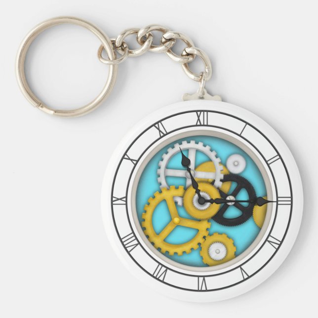 Visible Clockwork Illusion Fanciful Clock Art Aqua Key Ring (Front)