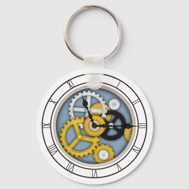 Visible Clockwork Illusion Fanciful Clock Art Blue Key Ring (Front)