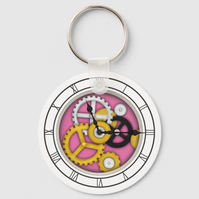 Visible Clockwork Illusion Fanciful Clock Art Pink Key Ring (Front)