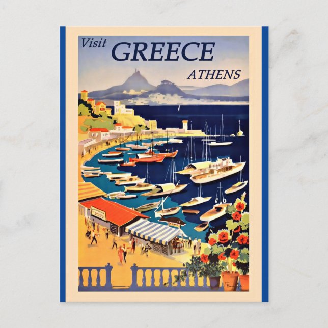 Visit Greece, vintage travel poster, postcard (Front)