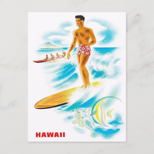 Visit Hawaii - Surfing - Vintage travel Postcard (Front)
