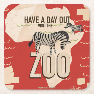 Visit The Zoo Vintage Travel Poster Square Paper Coaster