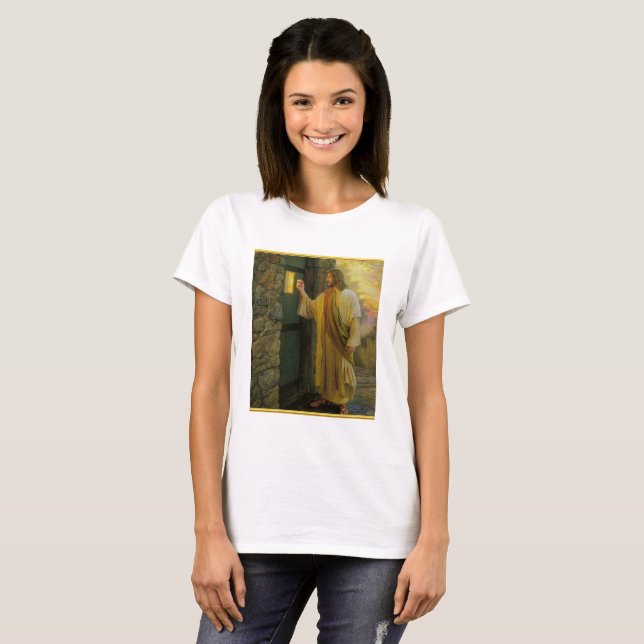 Visitation at Dawn Jesus Knocking on a Rustic Door T-Shirt (Front Full)