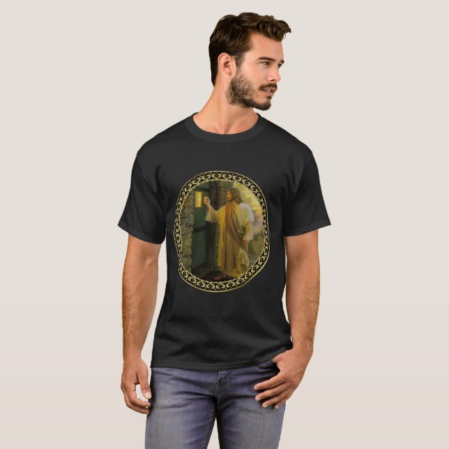 Visitation at Dawn Jesus Knocking on a Rustic Door T-Shirt (Front Full)