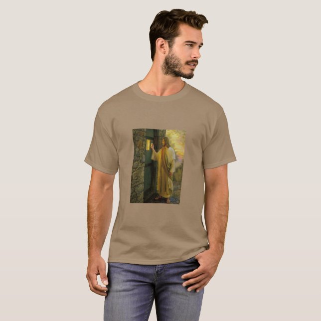 Visitation at Dawn Jesus Knocking on a Rustic Door T-Shirt (Front Full)