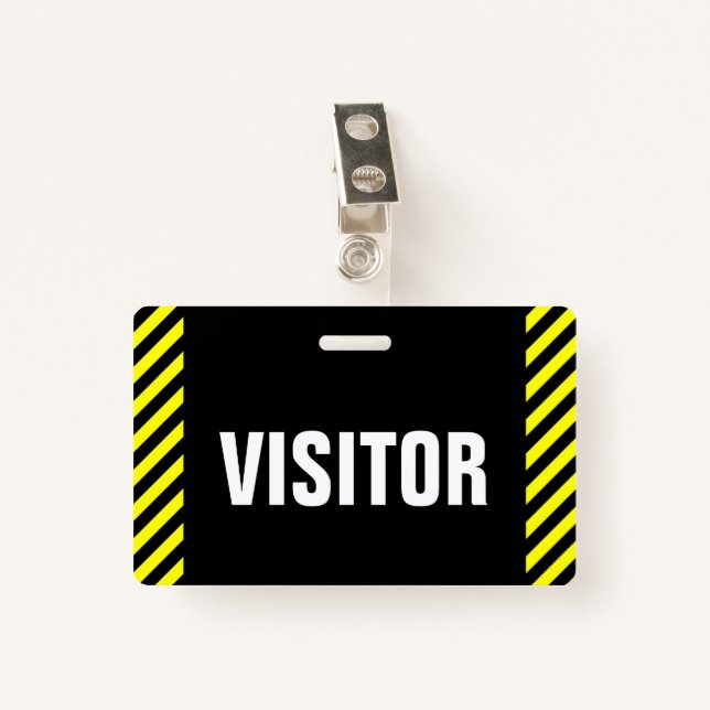 "VISITOR" + Black & Yellow Stripes Badge ID Badge (Front with Clip)