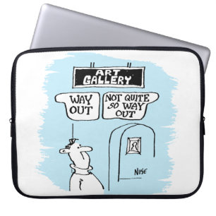 Visitor is bemused by signs in an art gallery laptop sleeve