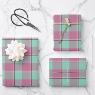 Vista Blue and Turkish Rose Plaid Green Pink Wrapping Paper Sheet
