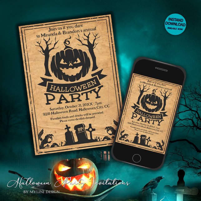 Vitage Paper Spooky Pumpkin Adult Halloween Party Invitation (Creator Uploaded)