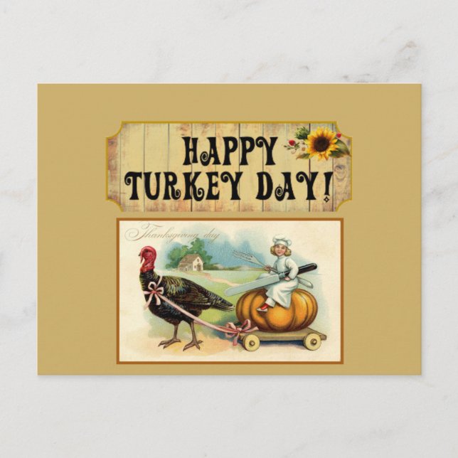 Vitage Turkey Thanksgiving Sunflower Greetings Holiday Postcard (Front)