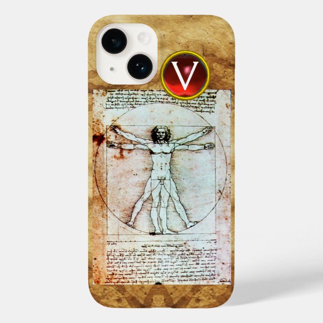 VITRUVIAN MAN Antique Parchment Red Ruby Monogram Case-Mate iPhone Case (Back)