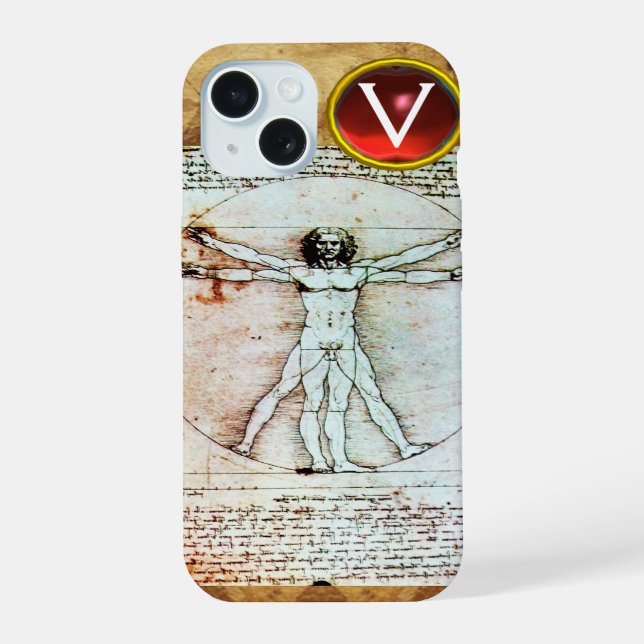 VITRUVIAN MAN Antique Parchment Red Ruby Monogram iPhone 15 Case (Back)
