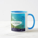 Viva Las Vegas Cyan Blue Wedding Gift Mug<br><div class="desc">Glamourous Las Vegas strip sign, palm tree silhouettes, glittering little stars and cyan blue background illustrated on custom Mugs. All the sample text can be fully personalised with your own wording. Feel free to change the colours, fonts & sizes of the text as well. ((Contact ujean4791@gmail.com for custom work and/or...</div>