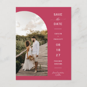 Viva Magenta Boho Arch Photo QR Code Save the Date Postcard