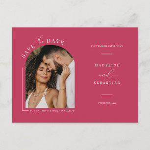 Viva Magenta Boho Arch Photo QR Code Save the Date Postcard