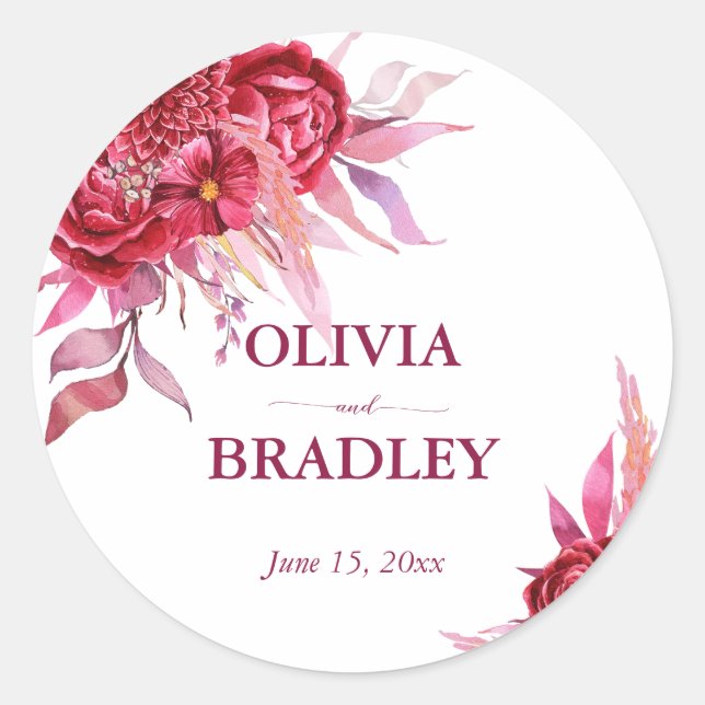 Viva magenta burgundy roses flowers classic round sticker (Front)