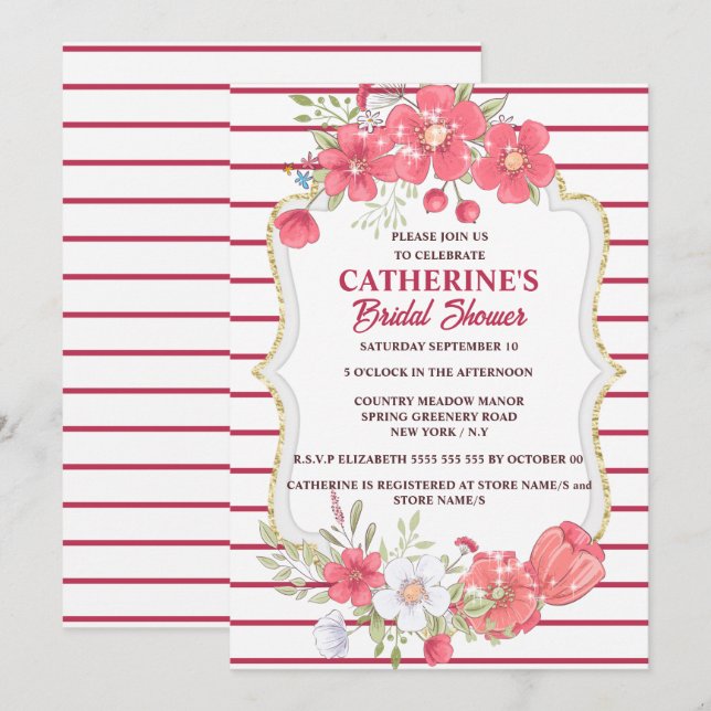 Viva magenta country flowers bridal shower chic invitation (Front/Back)