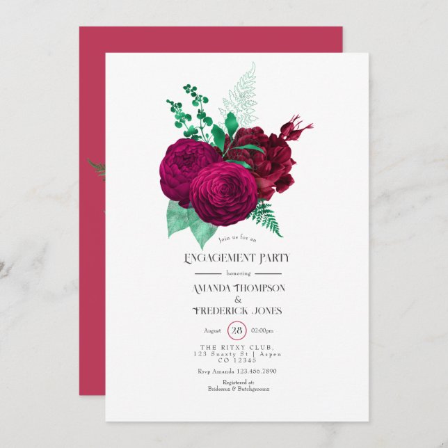 Viva Magenta Floral Engagement Party Invitation (Front/Back)