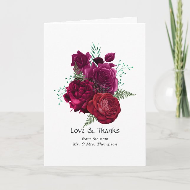 Viva Magenta Floral Wedding Photo Thank You Card (Front)